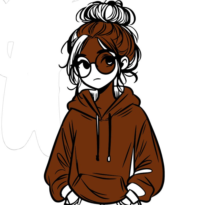 teen girl with a messy bun and glasses wearing a loose hoodie and jeans