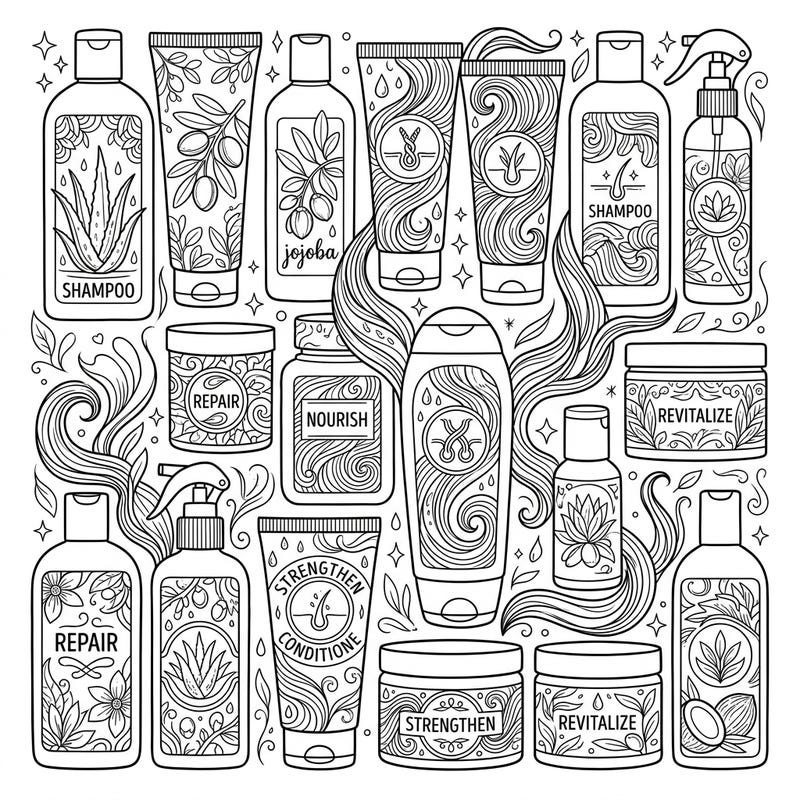 Discover a therapeutic art experience with our detailed Hair Repair & Damage Control coloring page, featuring an array of beneficial haircare products. Unleash your creativity as you bring these illustrations to life with your favorite colors.