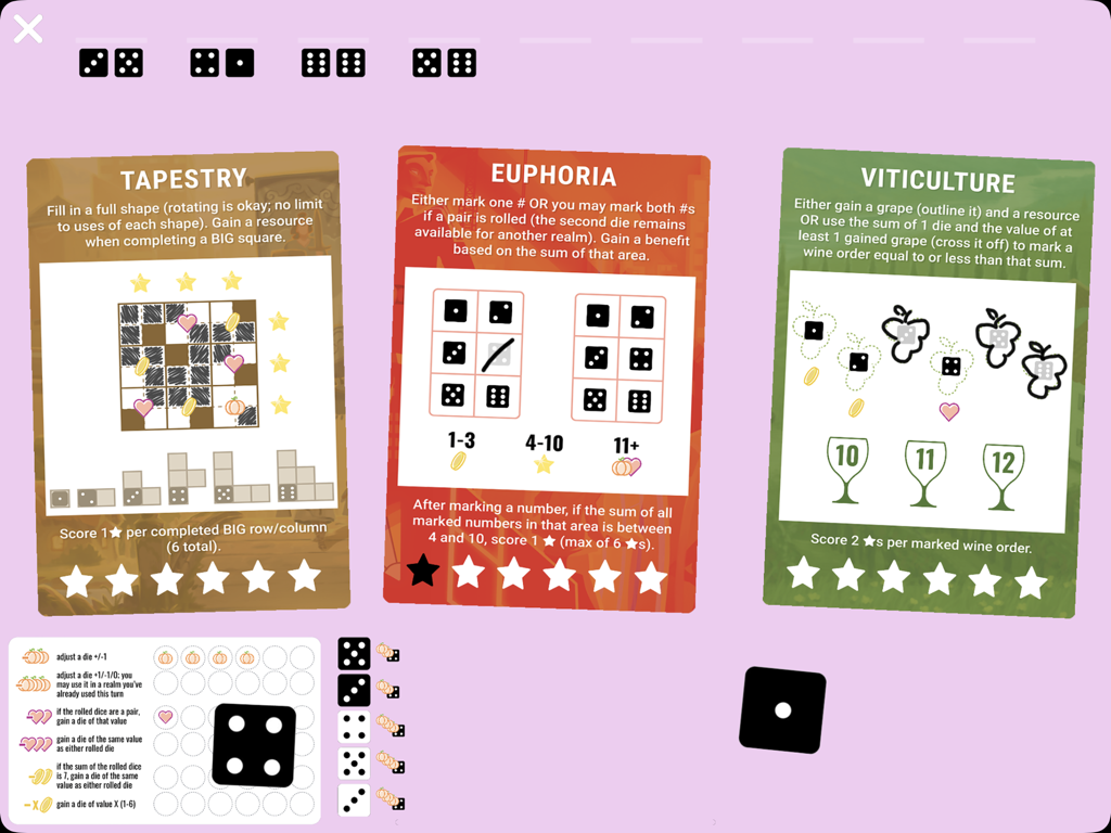 Rolling Realms - Gameplay of Rolling Realms showing three different mini game cards