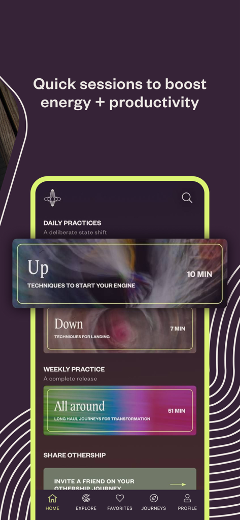 Othership: Guided Breathwork - Pantalla de la aplicación Othership que muestra sesiones diarias de respiración para energía y productividad