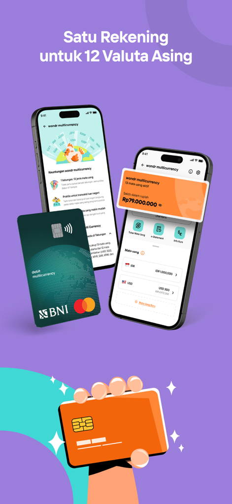 Smartphone displaying the wondr by BNI app interface for managing 12 foreign currencies with a BNI debit card
