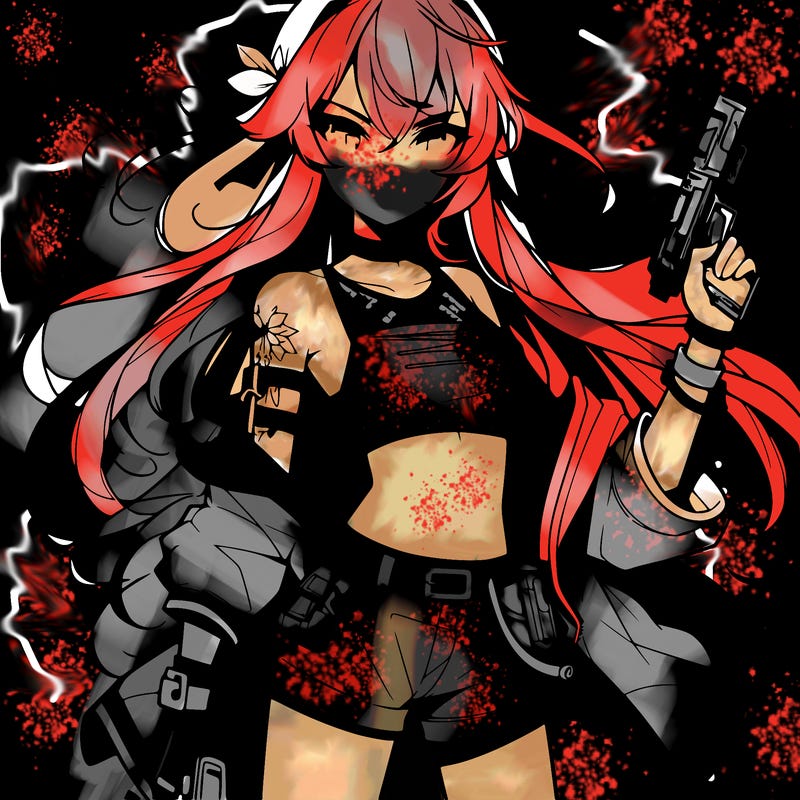 bad girl wearing crop top holding a gun long hair anime