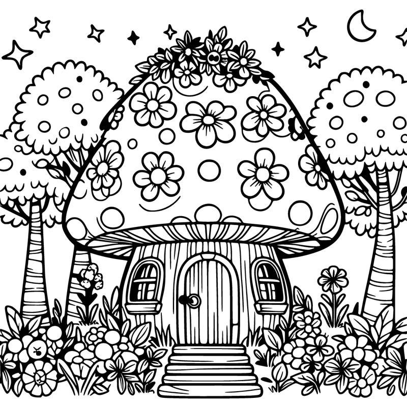 mushroom house covered in flowers