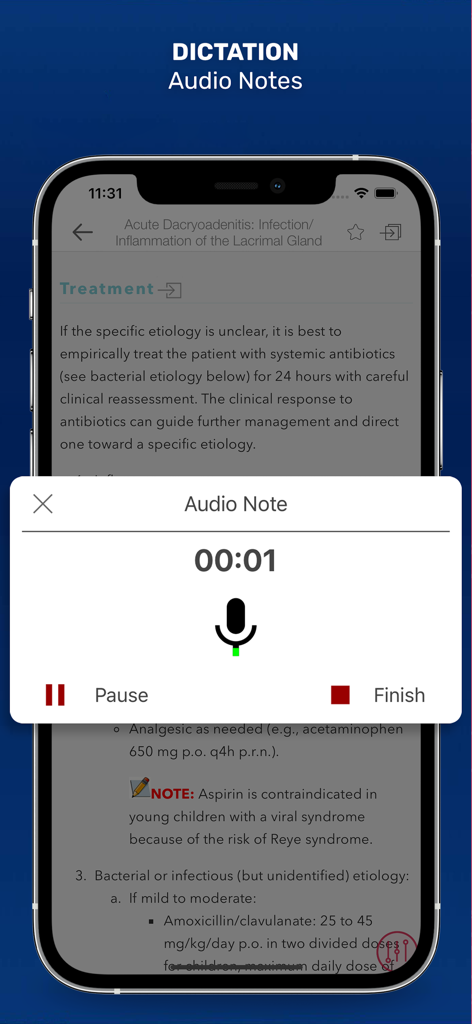 The Wills Eye Manual app interface showing the audio notes dictation recording feature