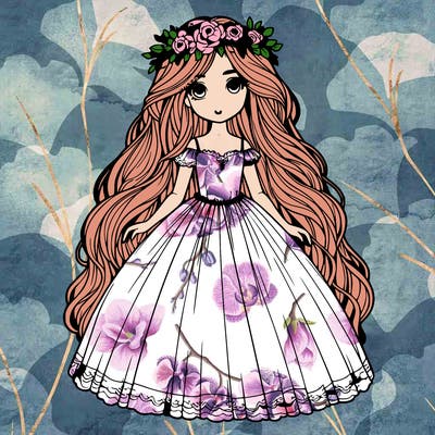 realistic girl wearing a big dress with really long hair and a flower crown