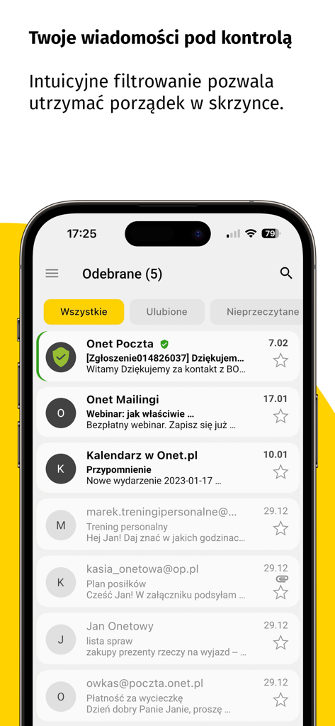 Onet Poczta - Mobile screenshot of Onet Poczta app displaying the email inbox and message filtering options
