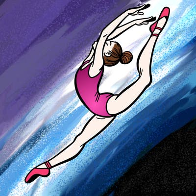 gymnast doing a leap in a leotard with a bent back leg