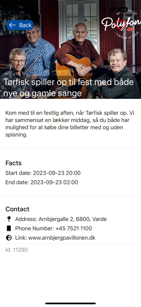 Mobile app screen showing details for a local musical event in Denmark including date time and contact info