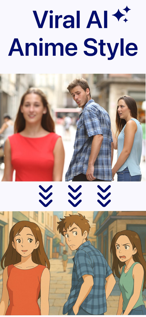 Cartoon Photo Editor: Photo AI - A comparison showing the famous distracted boyfriend meme transformed into a classic anime style using AI