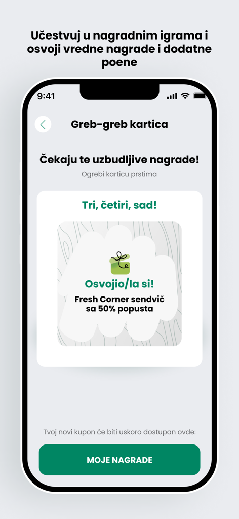 Captura de pantalla de la app MOL Move Srbija mostrando una tarjeta rasca y gana digital que otorga un 50% de descuento en un sándwich Fresh Corner