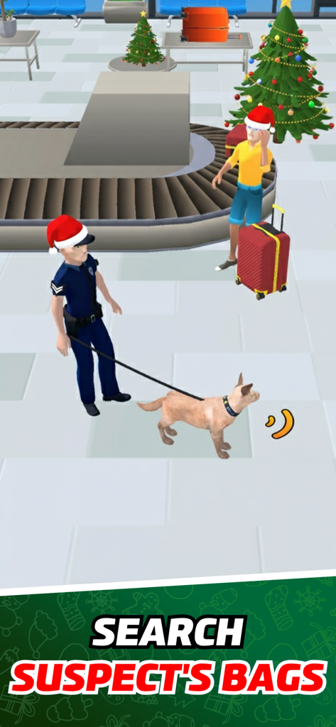 Airport Security Simulator 911 - Ein Flughafensicherheitsoffizier und ein K9-Hund durchsuchen das Gepäck eines Passagiers in einem weihnachtlich gestalteten Level