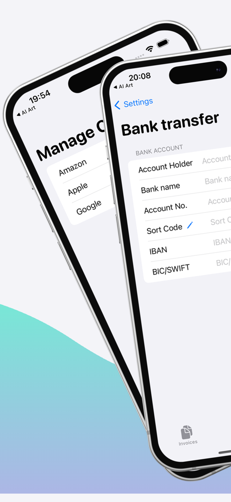 Interface do aplicativo Criador de Faturas mostrando a configuração da conta de transferência bancária e gerenciamento de conta em um iPhone.