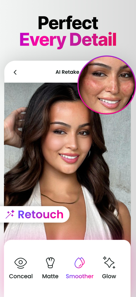Before and after comparison of skin retouching using the Retake AI Face and Selfie Editor app