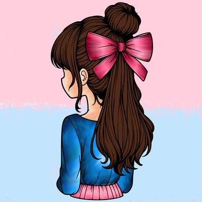 realistic girl  with hip length hair a bun and a big bow on the back of head
