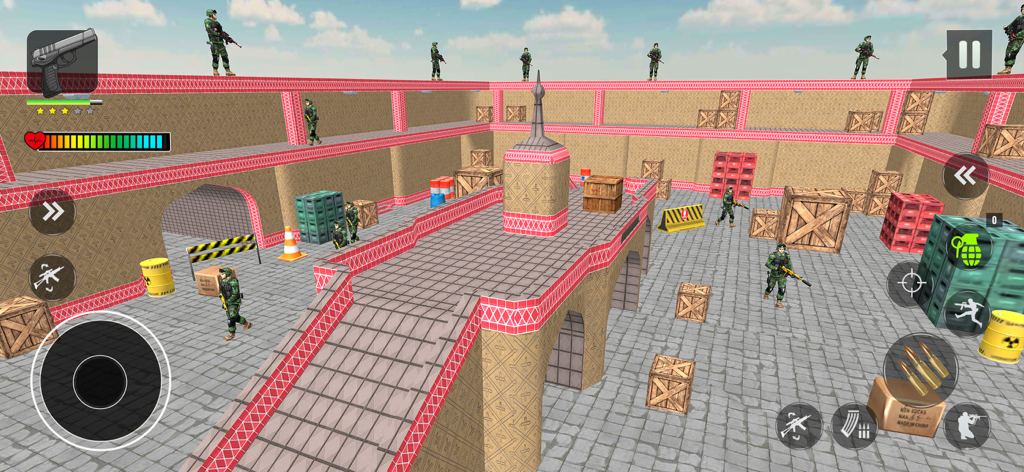 Jugabilidad de FPS Shooting Commando Strike con una arena militar 3D con soldados y cajas