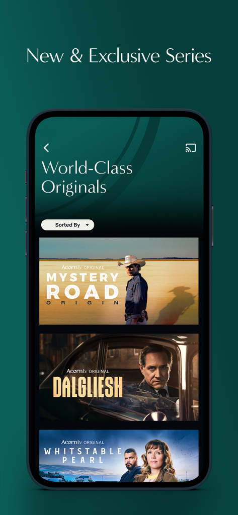 Acorn TV: Brilliant Mysteries - Acorn TV app interface displaying world-class original mystery series like Dalgliesh and Whitstable Pearl