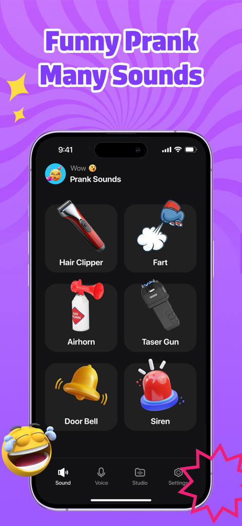 Voice Changer & Prank Sounds - Interface of the Voice Changer and Prank Sounds app showing icons for hair clipper, fart, and airhorn effects