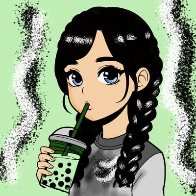 realistic girl with braided hair drinking boba