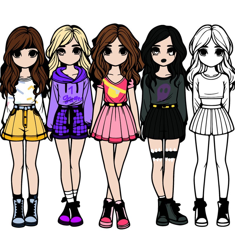 group of 6 realistic girls in a row