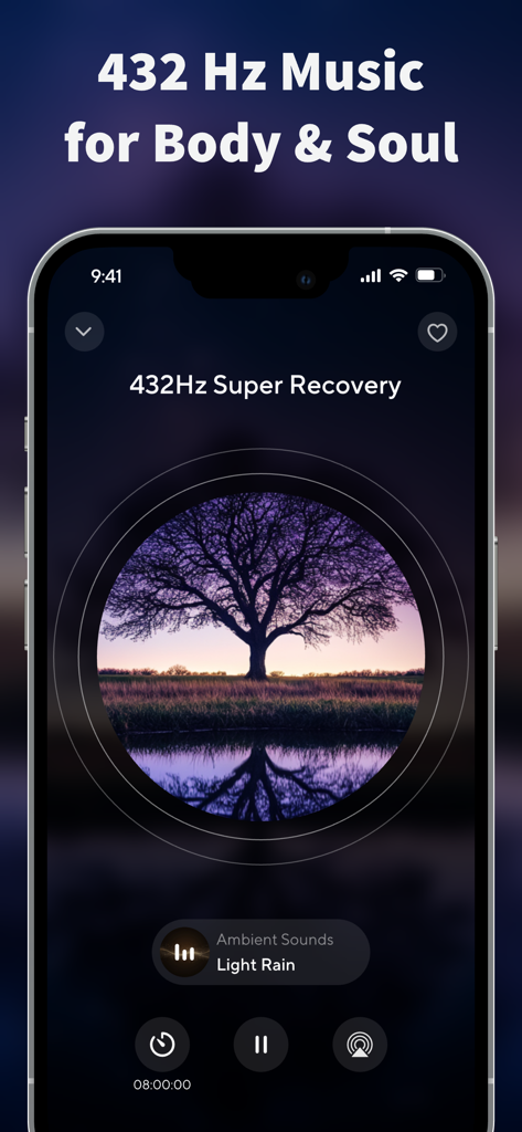 Green Noise app interface featuring 432Hz healing frequency music and ambient rain sounds