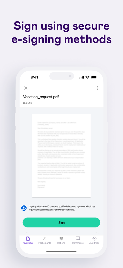 Dokobit mobile app screen showing a document preview and a secure sign button for electronic signatures.