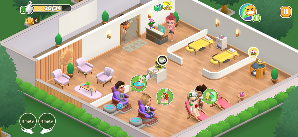 Serenity's Spa: Beauty Salon - Gameplay-Screenshot von Serenity's Spa, der einen Schönheitssalon mit Kunden zeigt, die Massagen und Maniküren erhalten