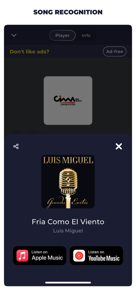 Radio Venezuela Live Online FM - Song recognition feature in Radio Venezuela app identifying a track by Luis Miguel