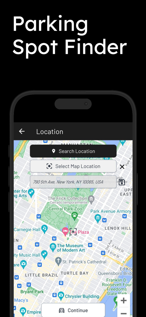 ParkNYC: Street Parking - Map view of Manhattan in the ParkNYC app for finding available street parking