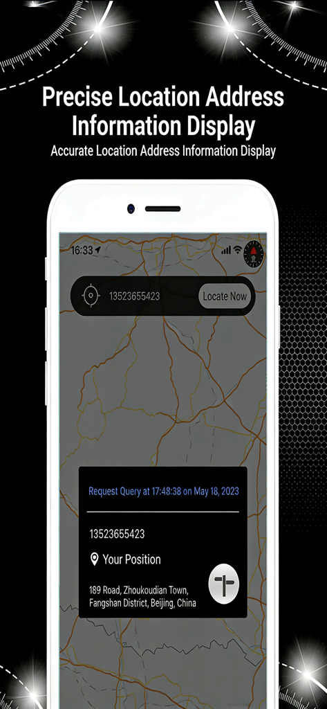 Pantalla de smartphone que muestra la aplicación BlackTracker con información de dirección precisa y un marcador de ubicación en un mapa.