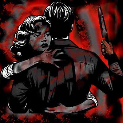 a realistic woman hugging a man holding a knife