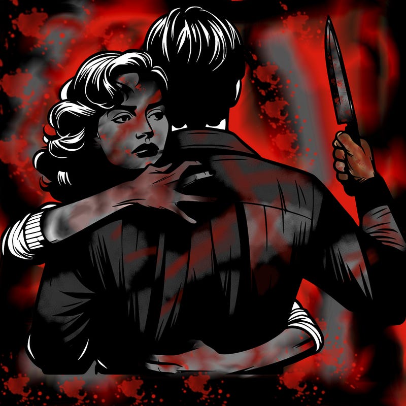 a realistic woman hugging a man holding a knife