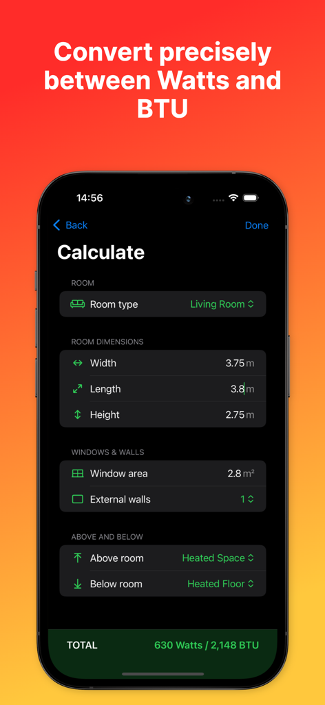 Radiator Calculator Pro app interface showing room heating requirements in Watts and BTU