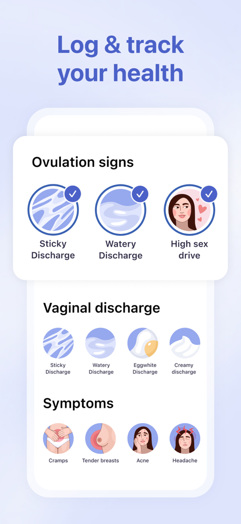 Interfaccia dell'app Femia che mostra icone per registrare i segni dell'ovulazione, perdite vaginali e sintomi fisici