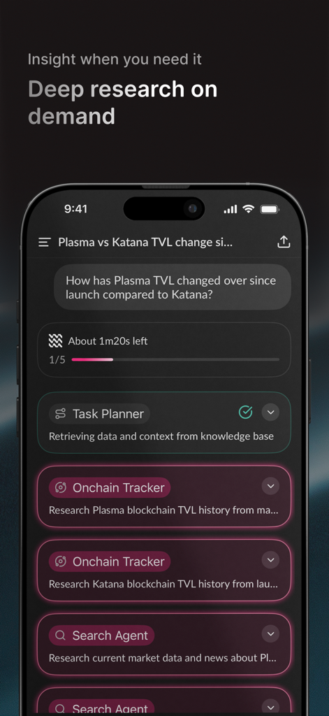 Surf – Crypto AI Assistant - Surf app interface showing AI agents conducting deep on-chain research