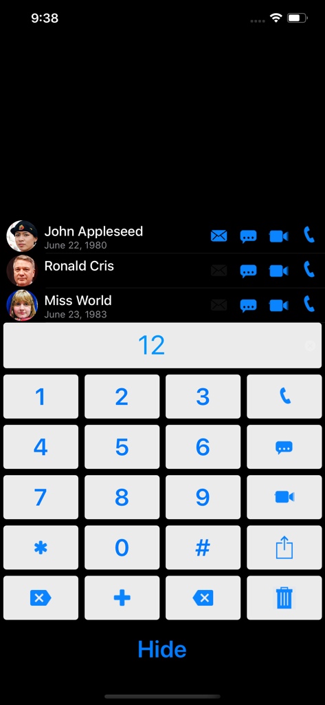 Contact Pro app dialer screen showing contact list and numeric keypad