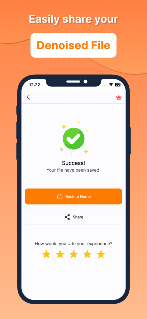 Boost Audio Voice Reduce Noise - A smartphone screen showing a success message after saving a denoised file with a share button and rating option.