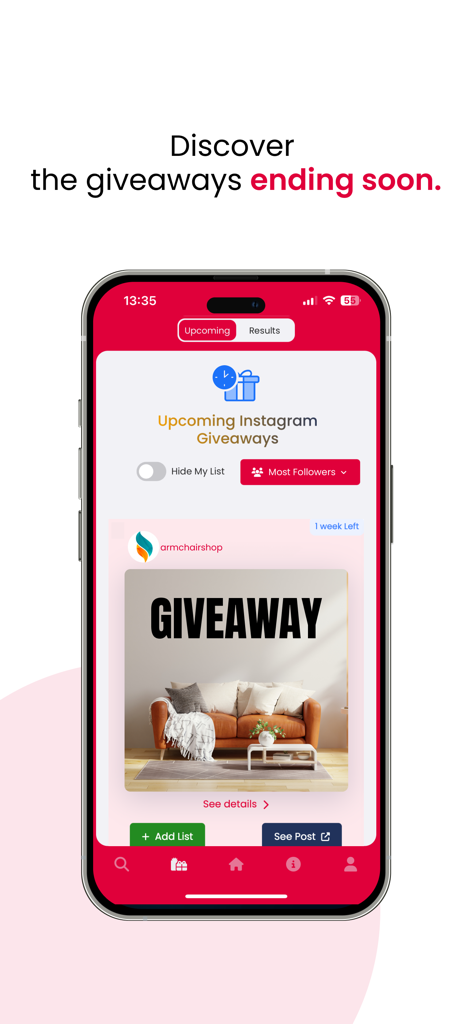 Simpliers - Giveaway Picker - Simpliersアプリのモバイルインターフェース、Instagramでの今後のプレゼント企画とコンテストのリストが表示されています