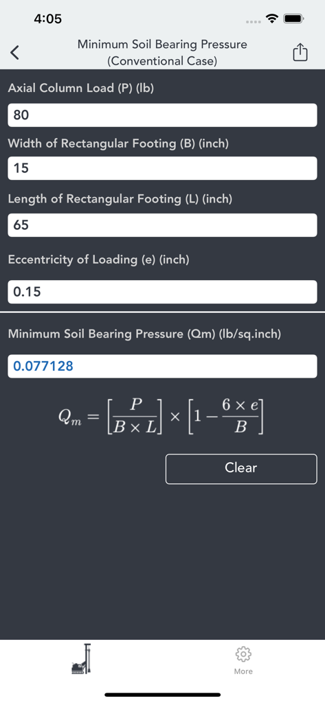 Interface of the Pile and Piling Calculator app showing the minimum soil bearing pressure calculation with inputs and formula