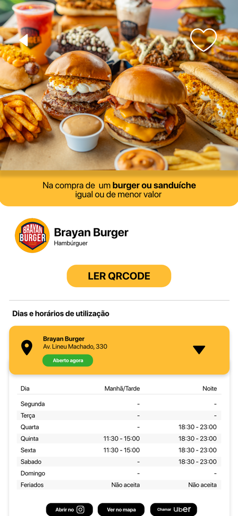 Tela do aplicativo Fortal em Dobro mostrando uma oferta de compre um, leve um grátis de hambúrguer no Brayan Burger, incluindo localização e horário
