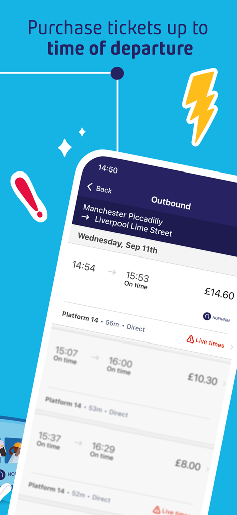 Northern Train app interface displaying train times and ticket prices from Manchester to Liverpool