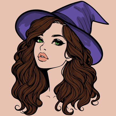 realistic witch girl with wavy hair and lips