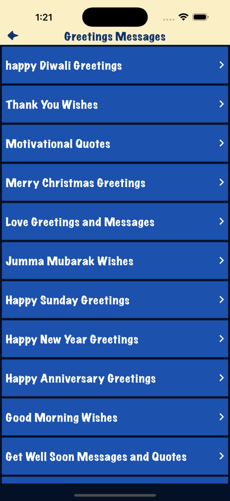 A list of greeting message categories in the app including Diwali, Thank You, and Christmas wishes.
