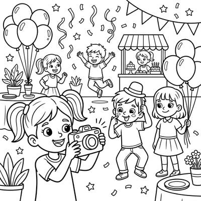 Get ready to color a vibrant kids' party scene filled with laughter and fun! This delightful page features children celebrating an event, complete with balloons, confetti, and even a little photographer capturing all the happy moments.