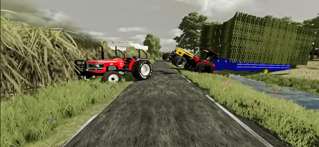 Cargo Tractor Simulator Driver - A red tractor and a tractor pulling a large cargo trailer on a country road.