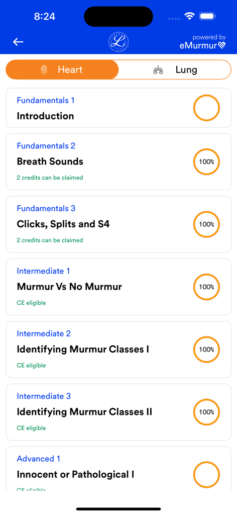 Littmann™ Learning - List of heart sound learning modules in the Littmann Learning app