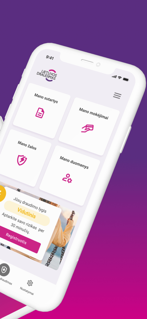 Lietuvos draudimas - Lietuvos draudimas mobile app dashboard displaying options for insurance contracts payments and claims