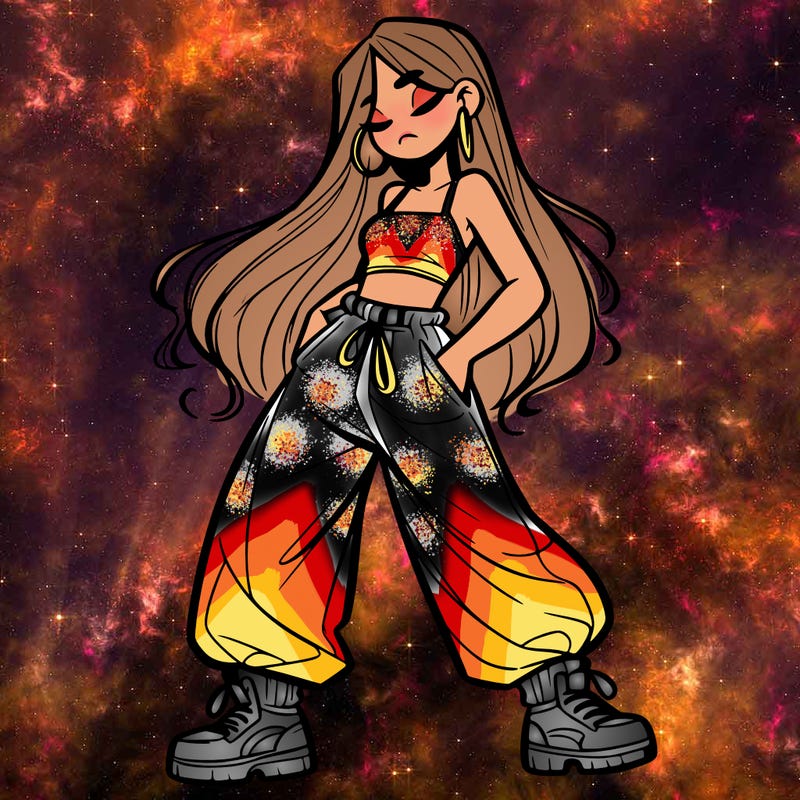 girl in baggy pants crop top and long hair