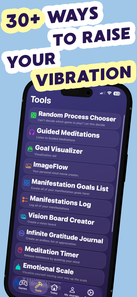 引き寄せの法則ツールボックスアプリ。ビジョンボードクリエーターや感謝日記など、波動を高めるためのツールリストが表示されています。