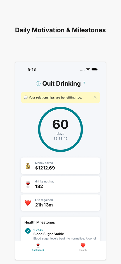My Sober Journey: Quit Drink - My Sober Journey app dashboard showing 60 days alcohol free money saved and health milestones