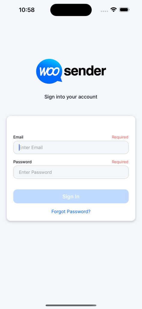 Login screen for the WooSender mobile app featuring email and password input fields